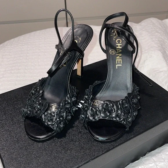 CHANEL Shoes Chanel Camellia Flower Leather Black Heels Poshmark